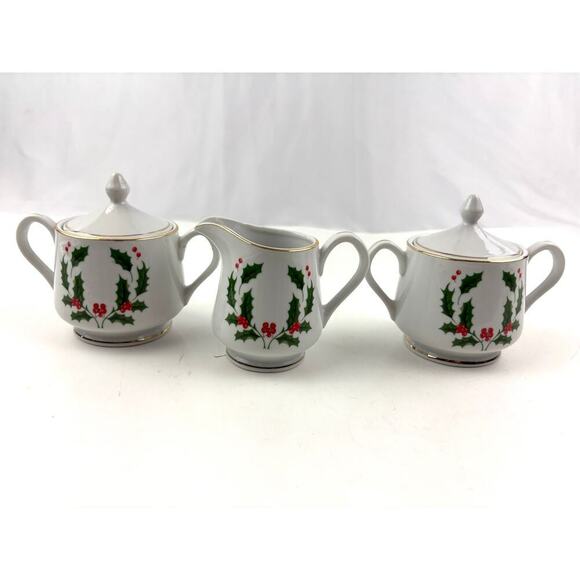 VTG Christmas Holly Fine Porcelain Creamer Sugar Bowl Set 1980s Japan 3pc - Picture 9 of 12